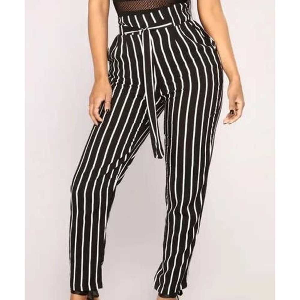 Stripe Paperbag Waist Belted Pants, Size XS